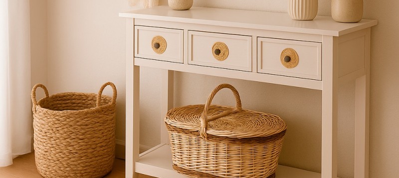 Organiza tu recibidor con cestas y muebles compactos
